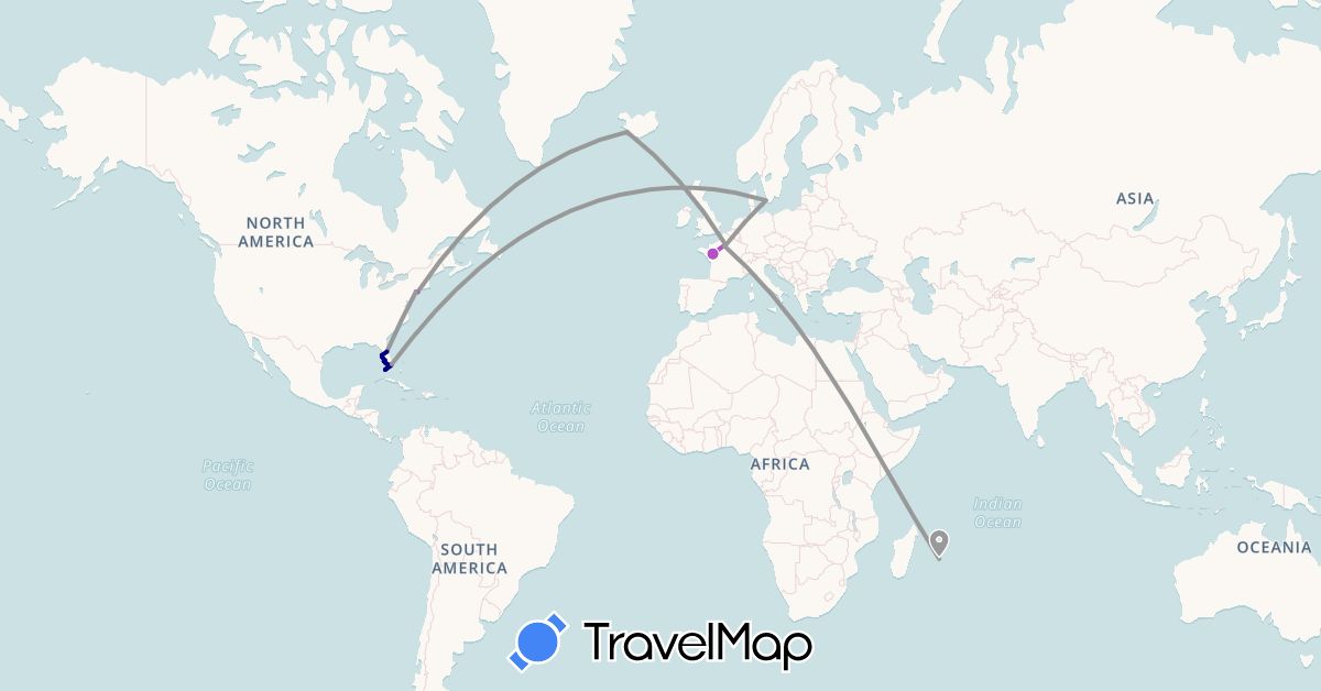 TravelMap itinerary: driving, plane, train in Denmark, France, Iceland, Réunion, United States (Africa, Europe, North America)