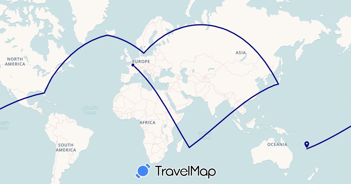 TravelMap itinerary: driving in Denmark, France, Iceland, Japan, New Caledonia, Réunion, United States (Africa, Asia, Europe, North America, Oceania)
